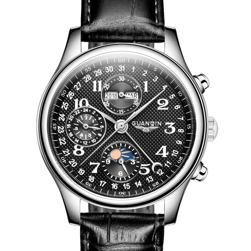 Automatic Watch Men Sapphire Multifunction Lunar Phase Men Watch Waterproof Perpetual calendar Men Mechanical Watches Black A, China