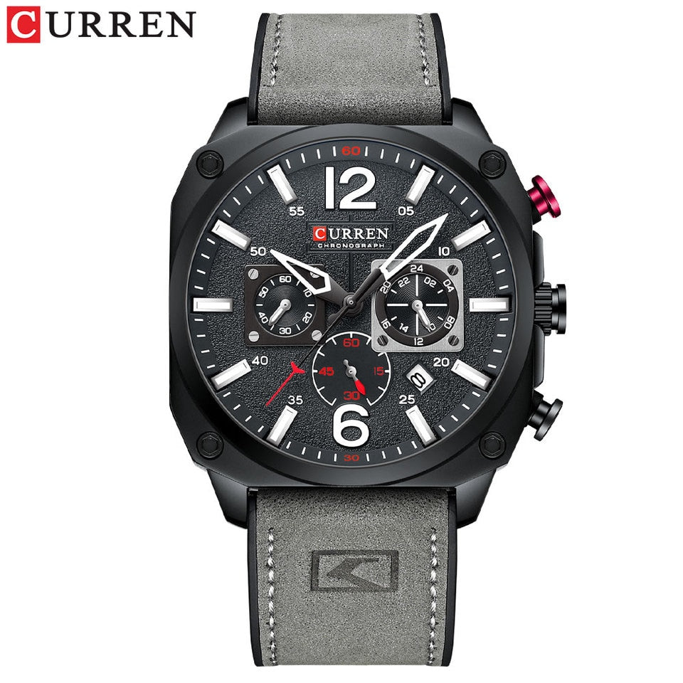 New Men Watch Fashion Waterproof Multi-function Chronograph Clock Leather Six Needle Calendar luminous Quartz Watches gray black
