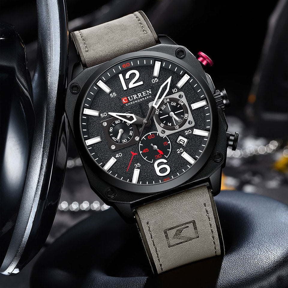 New Men Watch Fashion Waterproof Multi-function Chronograph Clock Leather Six Needle Calendar luminous Quartz Watches
