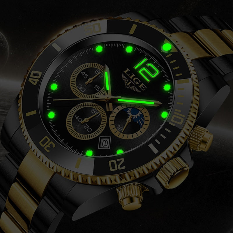 LIGE Watches Men Top Brand Luxury Clock Casual Stainless Steel 24 Hour Moon Phase Men Watch Sport Waterproof Quartz Chronograph