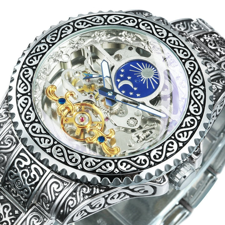 Forsining Automatic Tourbillon Watch for Men Mechanical Skeleton Mens Watches Top Brand Luxury Engraved Vintage Moon Phase Steel SILVER-SILVER, China