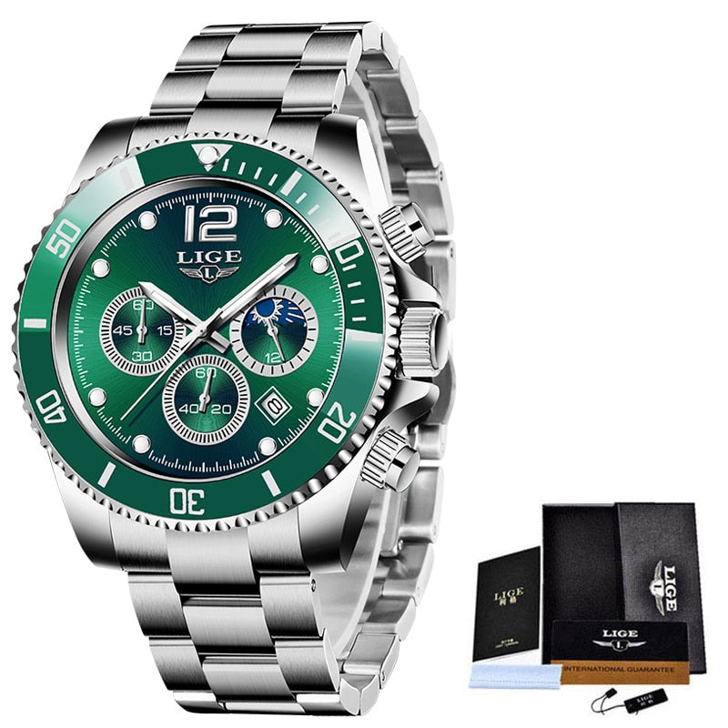 LIGE Watches Men Top Brand Luxury Clock Casual Stainless Steel 24 Hour Moon Phase Men Watch Sport Waterproof Quartz Chronograph