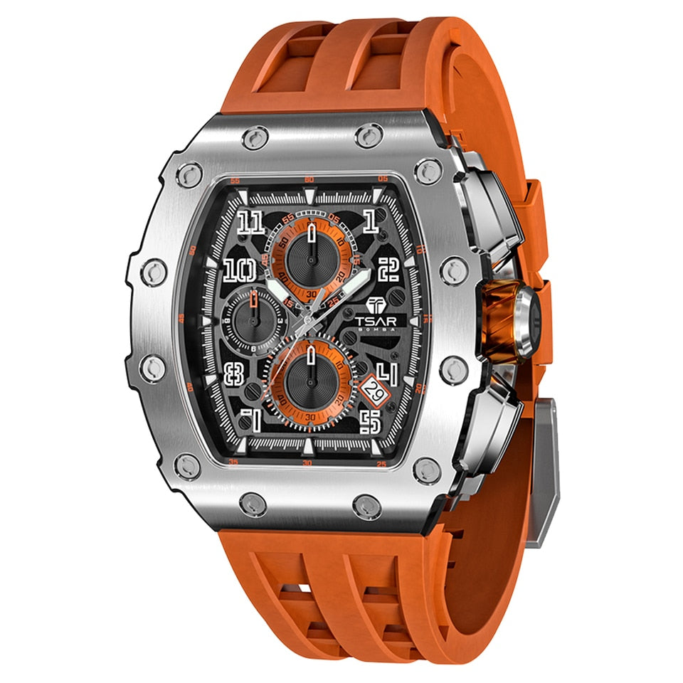 Men Watch Top Brand Luxury Tonneau Clock 50M Waterproof Stainless Steel Wristwatch Sport Chronograph Watch for Men