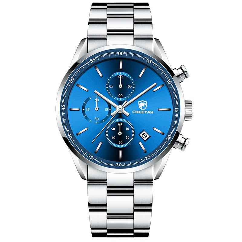 Men Top Brand Luxury Fashion Business Quartz Men Wristwatch Stainless Steel Waterproof Sports Clock Silver Blue
