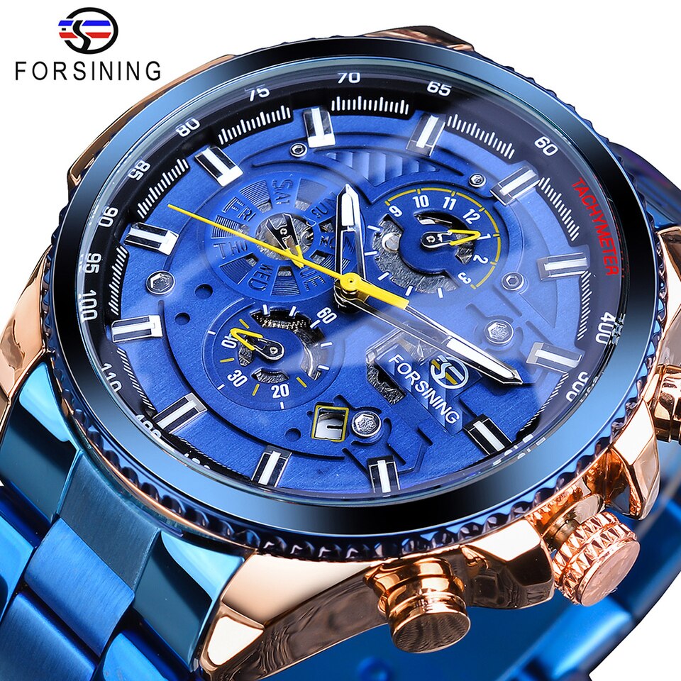 Forsining Three Dial Calendar Stainless Steel Men Mechanical Automatic Wrist Watches Brand Luxury Military Sport Male Clock