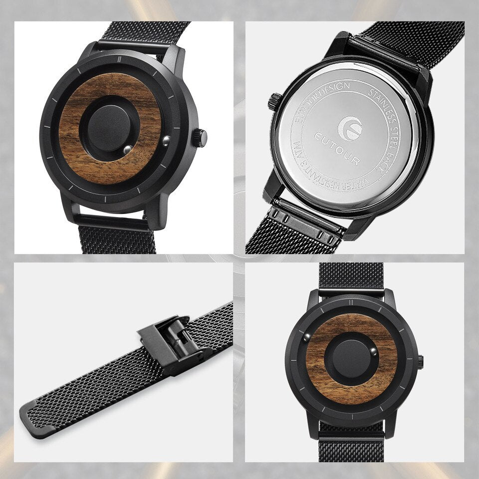 Original Magnetic Wooden Dial Fashion Casual Quartz Watch Simple Men Watch Stainless Steel Leather Strap