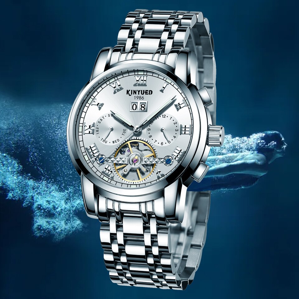 New Men Kinyued Stainless Steel Watch Band Automatic Mechanical Business Wrist Watch Luxury Brand Waterproof Watch for Men
