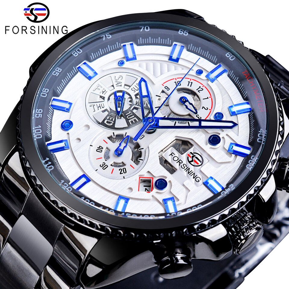 Forsining Three Dial Calendar Stainless Steel Men Mechanical Automatic Wrist Watches Brand Luxury Military Sport Male Clock