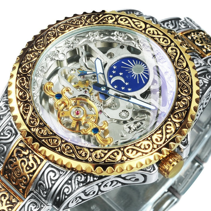 Forsining Automatic Tourbillon Watch for Men Mechanical Skeleton Mens Watches Top Brand Luxury Engraved Vintage Moon Phase Steel GOLDEN-SILVER, China