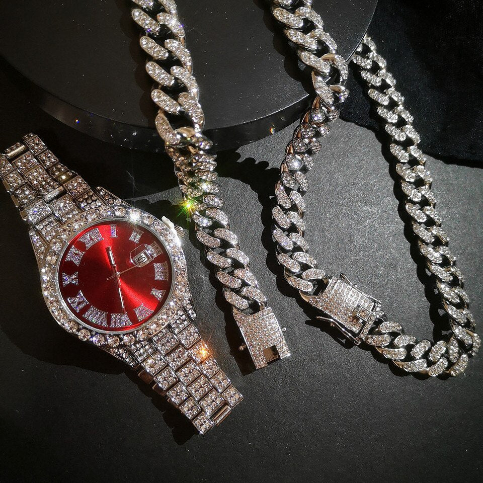 Full Iced Out Watch Mens Cuban Link Chain Bracelet Necklace Choker Bling Jewelry for Men Big Gold Chains Hip Hop Men Watch Set
