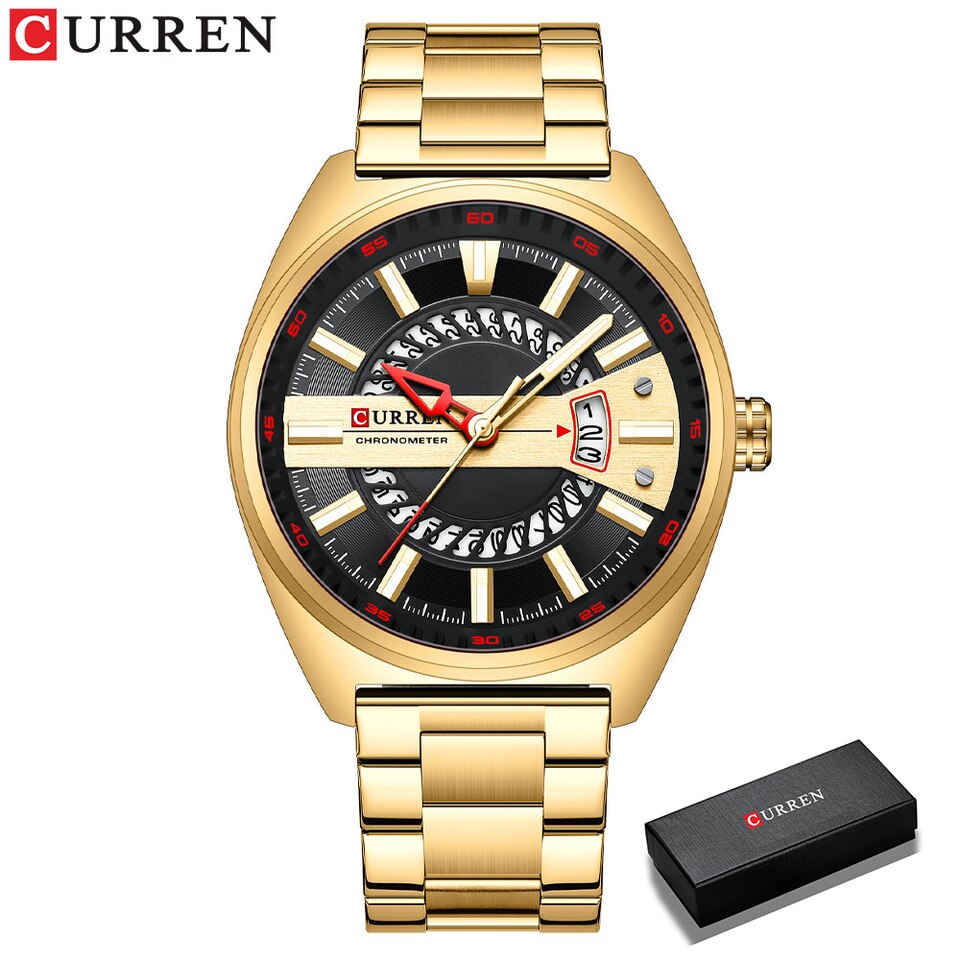 Men Watch Stainless Steel Band Luxury Quartz Wristwatches for Male Creative Design Golden Clock with Luminous