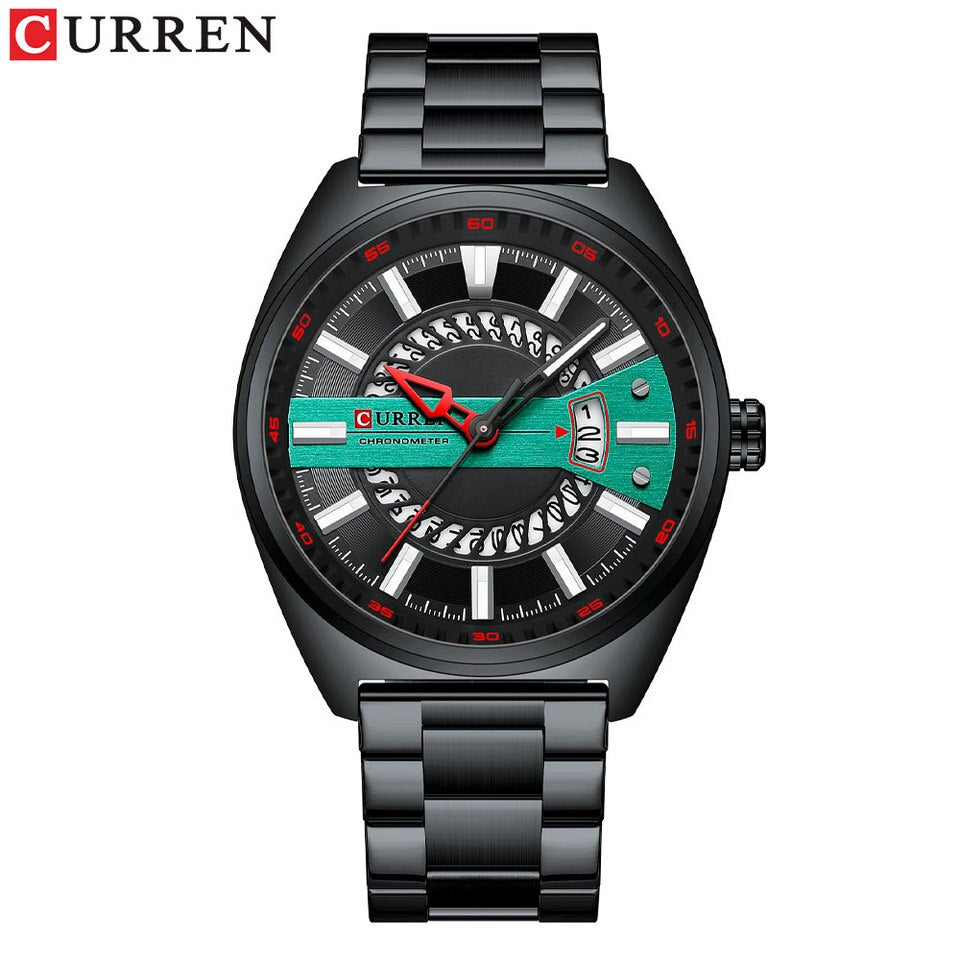 Men Watch Stainless Steel Band Luxury Quartz Wristwatches for Male Creative Design Golden Clock with Luminous green