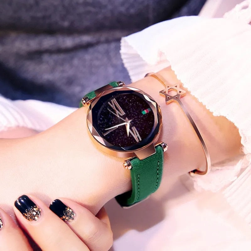 Brand Women Watches Fashion Square Ladies Quartz Watch Bracelet Set Green Dial Simple Rose Gold Mesh Luxury Women Watches leather green-1