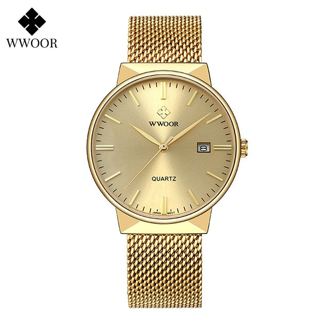 Men Simple Slim Watches Luxury Brand Gold Steel Mesh Ultra Thin Waterproof Date Wrist Watch Men Golden Clock With Box
