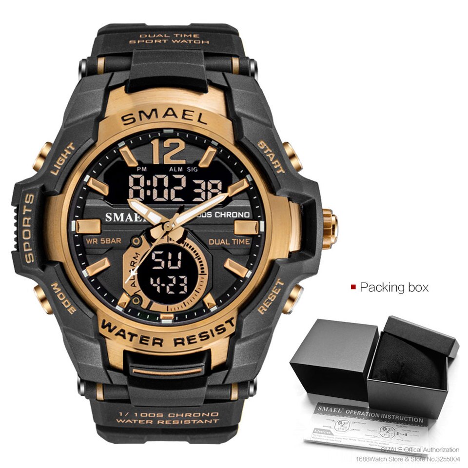 SMAEL Dual Time Army Sport Watch for Men Luminous Waterproof Quart Digital Wristwatch Alarm Clock LED Backlight Calendar 1805