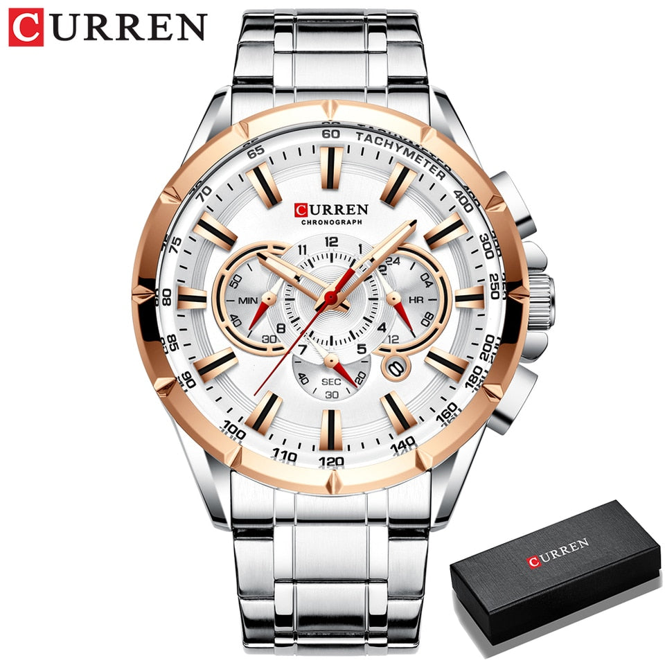 Wrist Watch Men Waterproof Chronograph Military Army Stainless Steel Male Clock Top Brand Luxury Man Sport Watches 8363 White-box