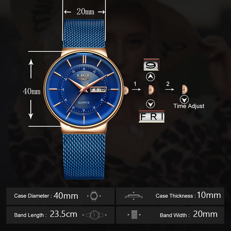 Women Watches Luxury Brand Ultra-thin Calendar Week Quartz Watch Ladies Clocks Mesh Stainless Steel Waterproof Reloj Mujer