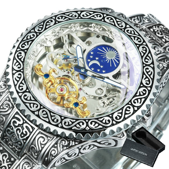 Forsining Automatic Tourbillon Watch for Men Mechanical Skeleton Mens Watches Top Brand Luxury Engraved Vintage Moon Phase Steel BO SILVER-SILVER, China