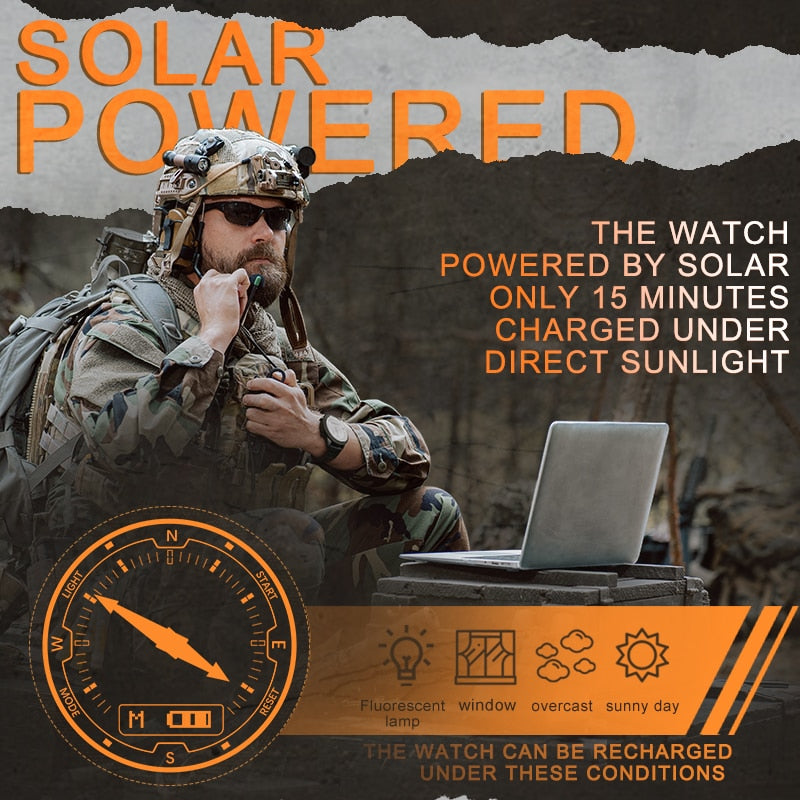 Men Solar Power Digital Watch Men Outdoor Smart Watches Full Metal Waterproof 50M Compass Army Military Style Clock