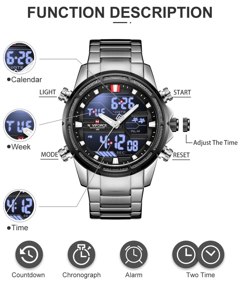 New Watches for Men Luxury Brand Digital Chronograph Sport Quartz Wristwatch Waterproof Military Steel Band Luminous Clock