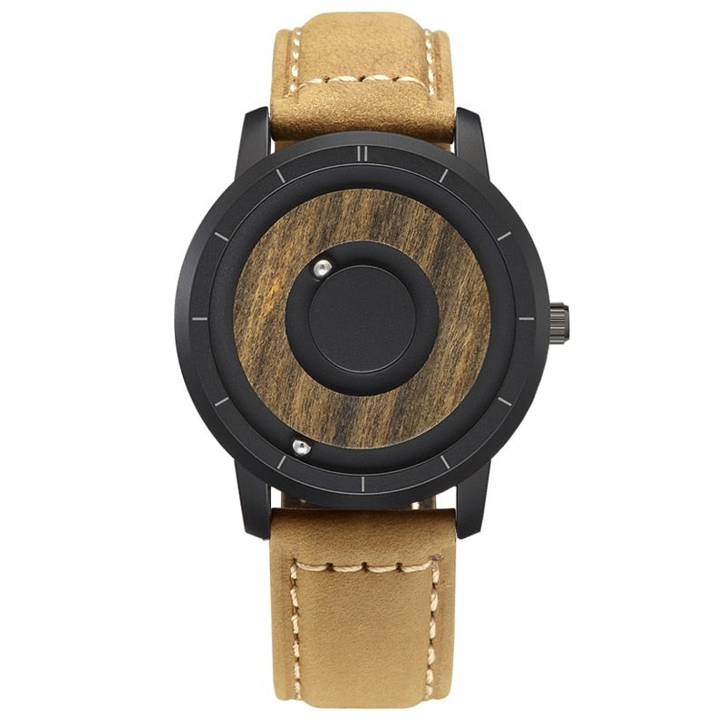 Original Magnetic Wooden Dial Fashion Casual Quartz Watch Simple Men Watch Stainless Steel Leather Strap