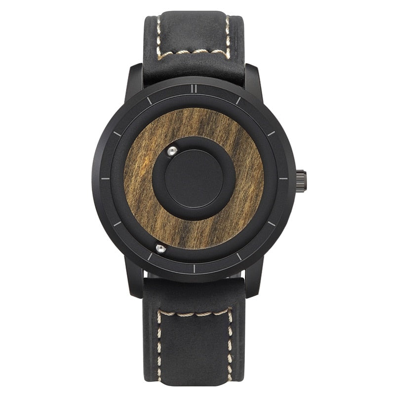 Original Magnetic Wooden Dial Fashion Casual Quartz Watch Simple Men Watch Stainless Steel Leather Strap