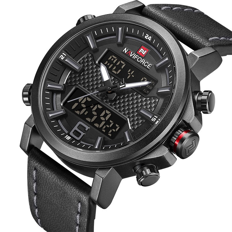 Men Sports Watches Men Quartz LED Digital Clock Top Brand Luxury Male Fashion Leather Waterproof Military Wrist Watch Black Grey, China