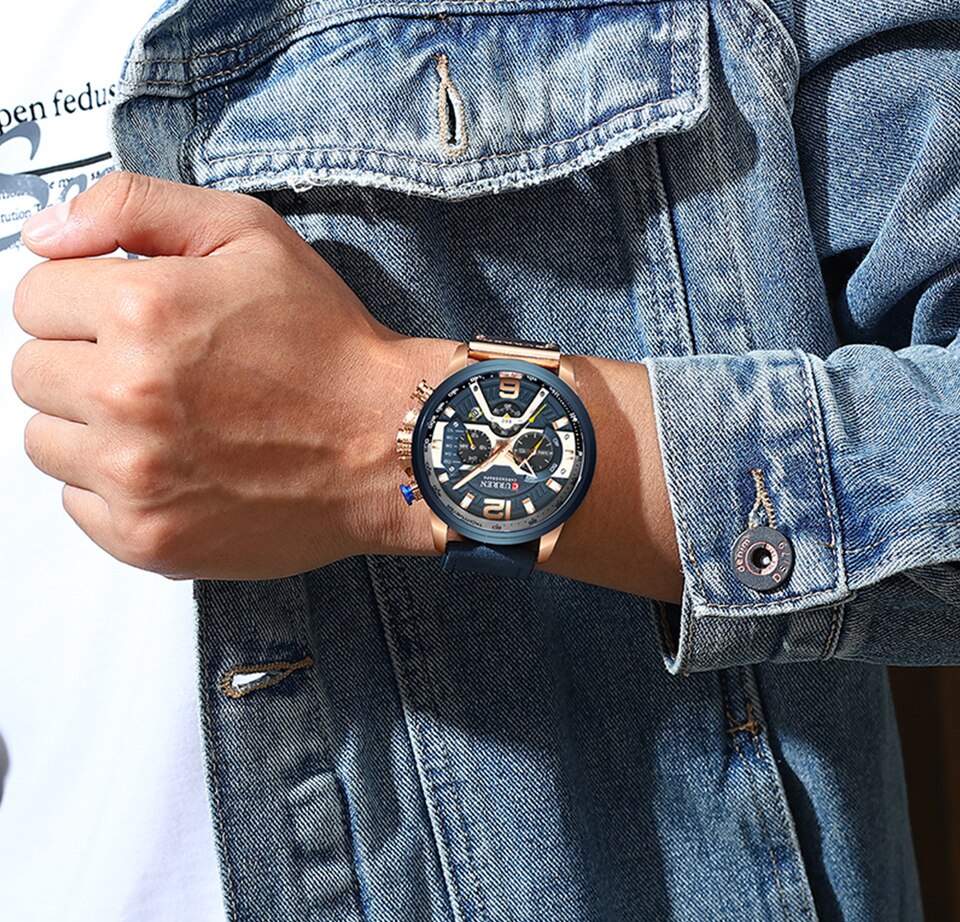 Men Watches Top Brand Luxury Blue Leather Chronograph Sport Watch For Men Fashion Date Waterproof Clock Reloj Hombre
