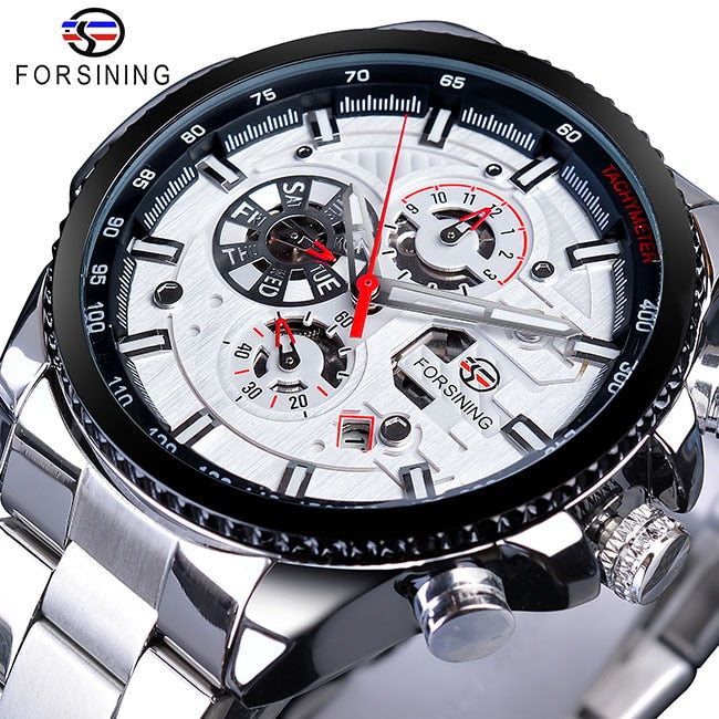 New Men Forsining Three Dial Calendar Watch Stainless Steel Men Mechanical Automatic Wrist Watches Top Brand Luxury Military Sport Male Clock