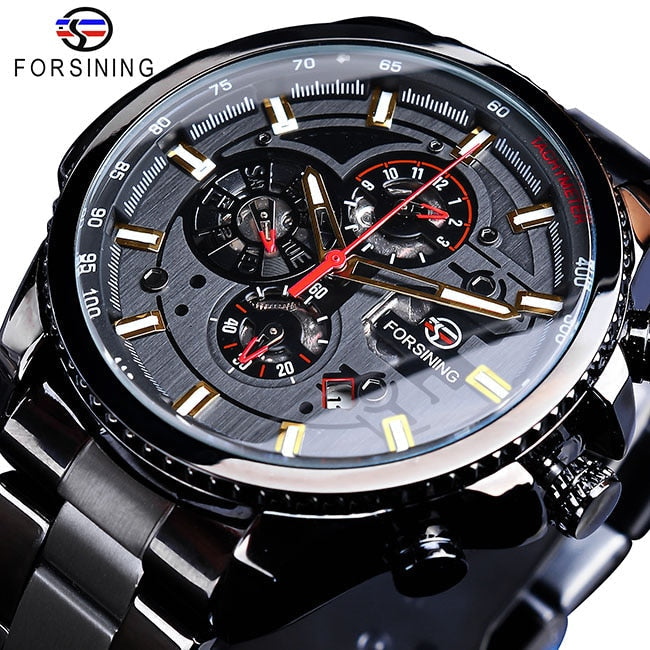 New Men Forsining Three Dial Calendar Watch Stainless Steel Men Mechanical Automatic Wrist Watches Top Brand Luxury Military Sport Male Clock