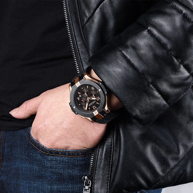 Men Watch Quartz Watch Gold Rubber Band 3ATM Water Resistant Chronograph Wrist Watch