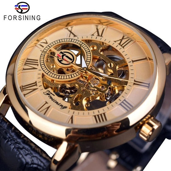 New Men Forsining Black Gold Watch 3d Logo Design Hollow Engraving Black Gold Case Leather Skeleton Mechanical Watches Men Luxury Brand Heren Horloge