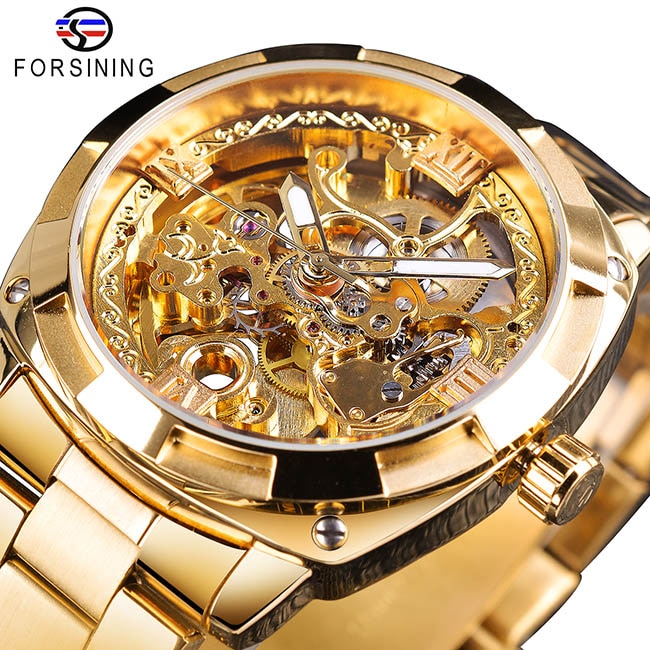 New Men Forsining Transparent Watch Retro Automatic Mechanical Watch Top Brand Luxury Full Golden Luminous Hands Skeleton Clock