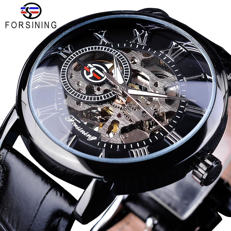 New Men Forsining Black Gold Watch 3d Logo Design Hollow Engraving Black Gold Case Leather Skeleton Mechanical Watches Men Luxury Brand Heren Horloge
