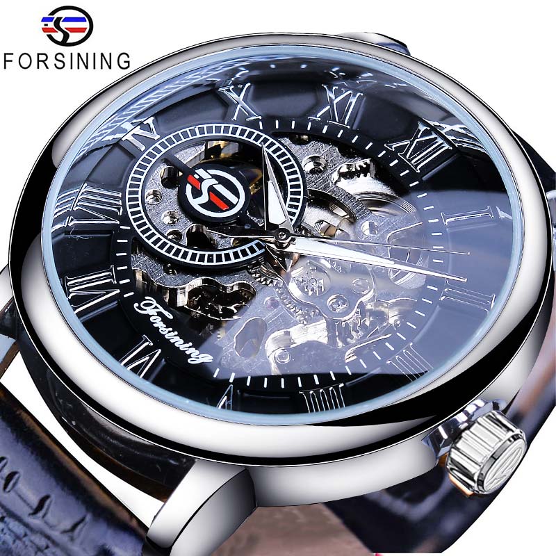 New Men Forsining Black Gold Watch 3d Logo Design Hollow Engraving Black Gold Case Leather Skeleton Mechanical Watches Men Luxury Brand Heren Horloge