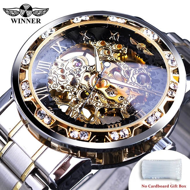 New Men Mechanical Skeleton Wrist Watch Winner Transparent Fashion Diamond Luminous Gear Movement Royal Design Men Top Brand Luxury Male