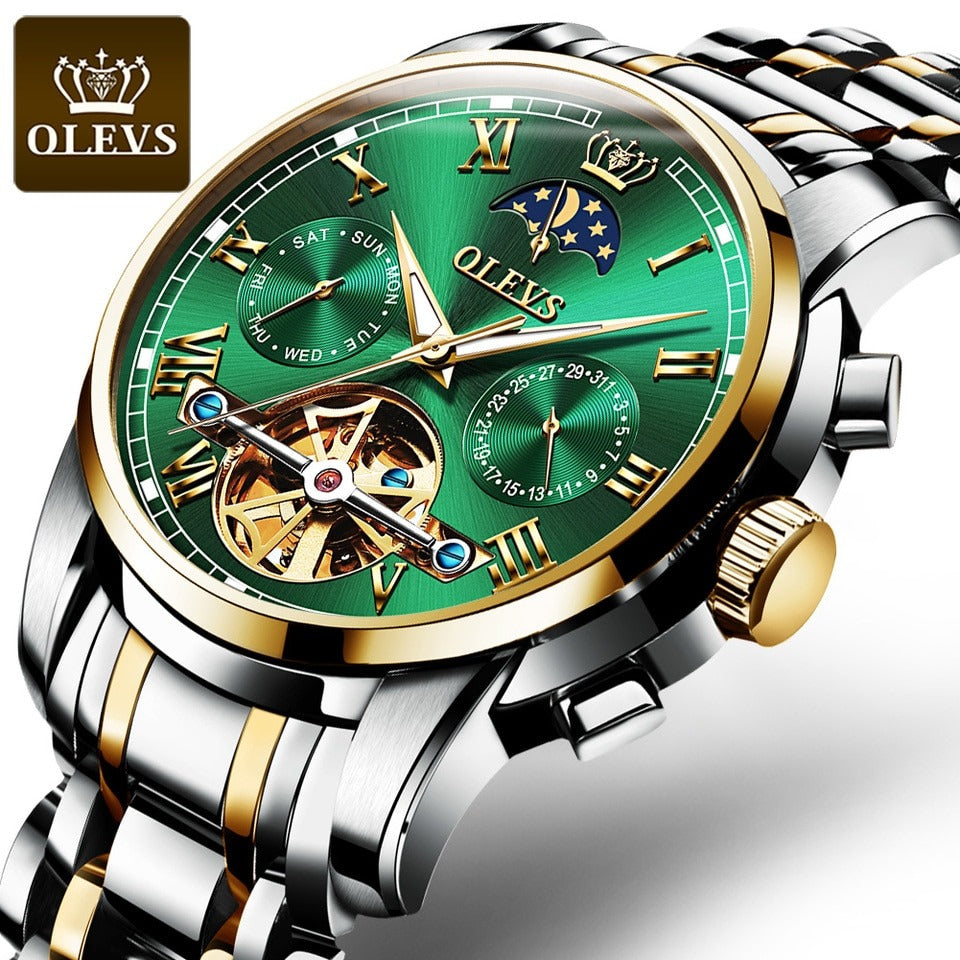 New Men OLEVS Mechanical Dress Watch Top Brand Men Watch Automatic Dress Luxury Moon Light Phase Tour Billon Wristwatch Gifts for Male
