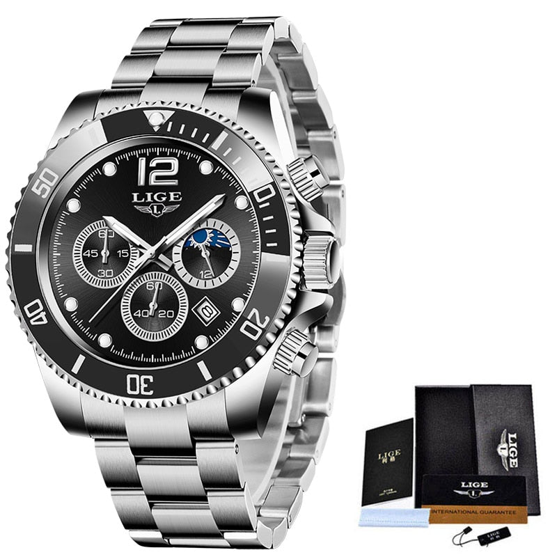LIGE Watches Men Top Brand Luxury Clock Casual Stainless Steel 24 Hour Moon Phase Men Watch Sport Waterproof Quartz Chronograph