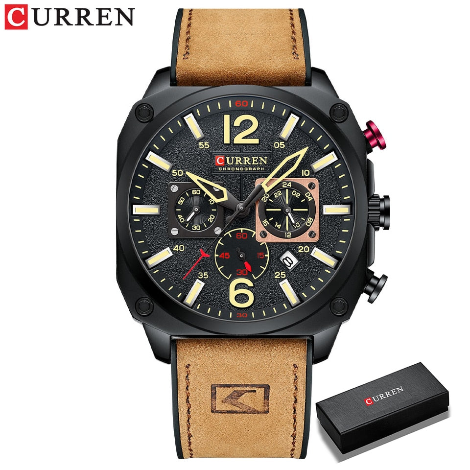 New Men Watch Fashion Waterproof Multi-function Chronograph Clock Leather Six Needle Calendar luminous Quartz Watches