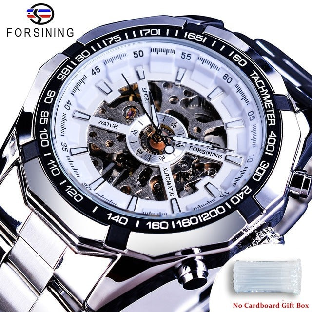 New Men Forsining Stainless Steel Watch Waterproof Mens Skeleton Watches Top Brand Luxury Transparent Mechanical Sport Male Wrist Watches