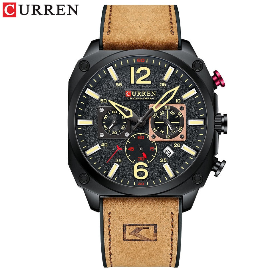 New Men Watch Fashion Waterproof Multi-function Chronograph Clock Leather Six Needle Calendar luminous Quartz Watches orange