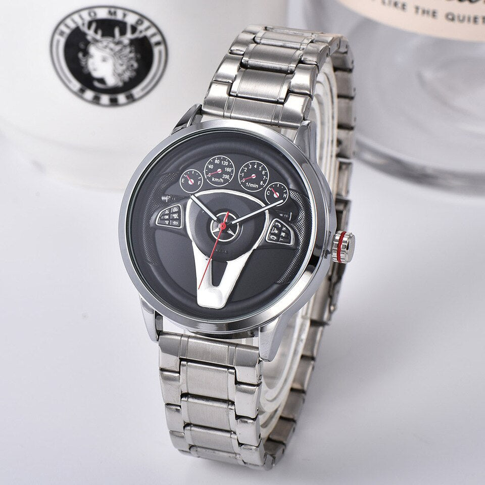 Casual Personality Classic precision Men Quartz watch Racing Free Stainless Casual Sports 3D Car Steering Wheel Clock