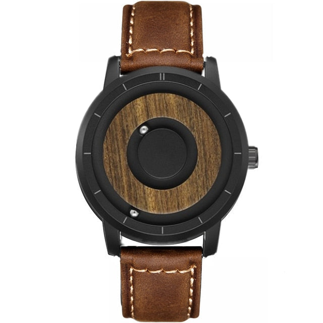 Original Magnetic Wooden Dial Fashion Casual Quartz Watch Simple Men Watch Stainless Steel Leather Strap