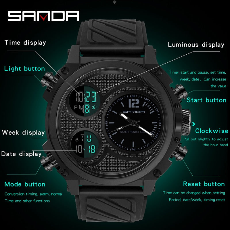 Display Quartz Watch for Men LED Sport Digital Watches 50m Waterproof Electronic Wristwatch Alarm Clock Relogio