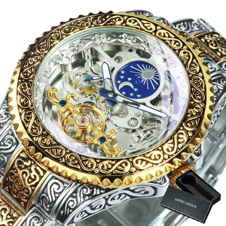 Forsining Automatic Tourbillon Watch for Men Mechanical Skeleton Mens Watches Top Brand Luxury Engraved Vintage Moon Phase Steel BO GOLDEN-SILVER, China