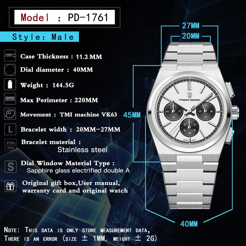 New Classic Men Sport Quartz Watches Sapphire Stainless Steel VK63 Waterproof Clock Relogios Masculinos