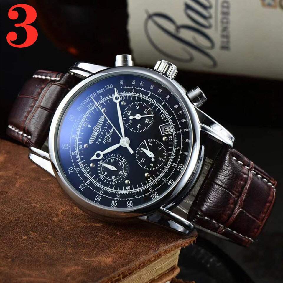 New Zeppelin Watch Fashion Three Eyes Running Second Multifunctional Chronograph Top Leather Business Quartz Watch