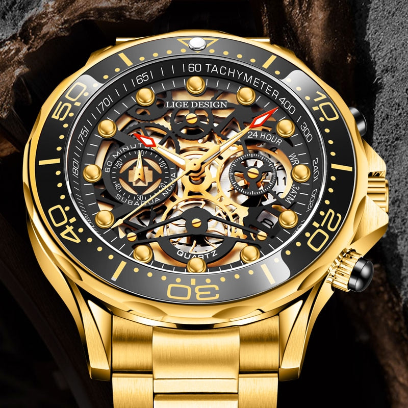 Gold Mens Watche Top Brand Luxury Stainless Steel Quartz Watch For Men Waterproof Sport Clock Male Chronograph