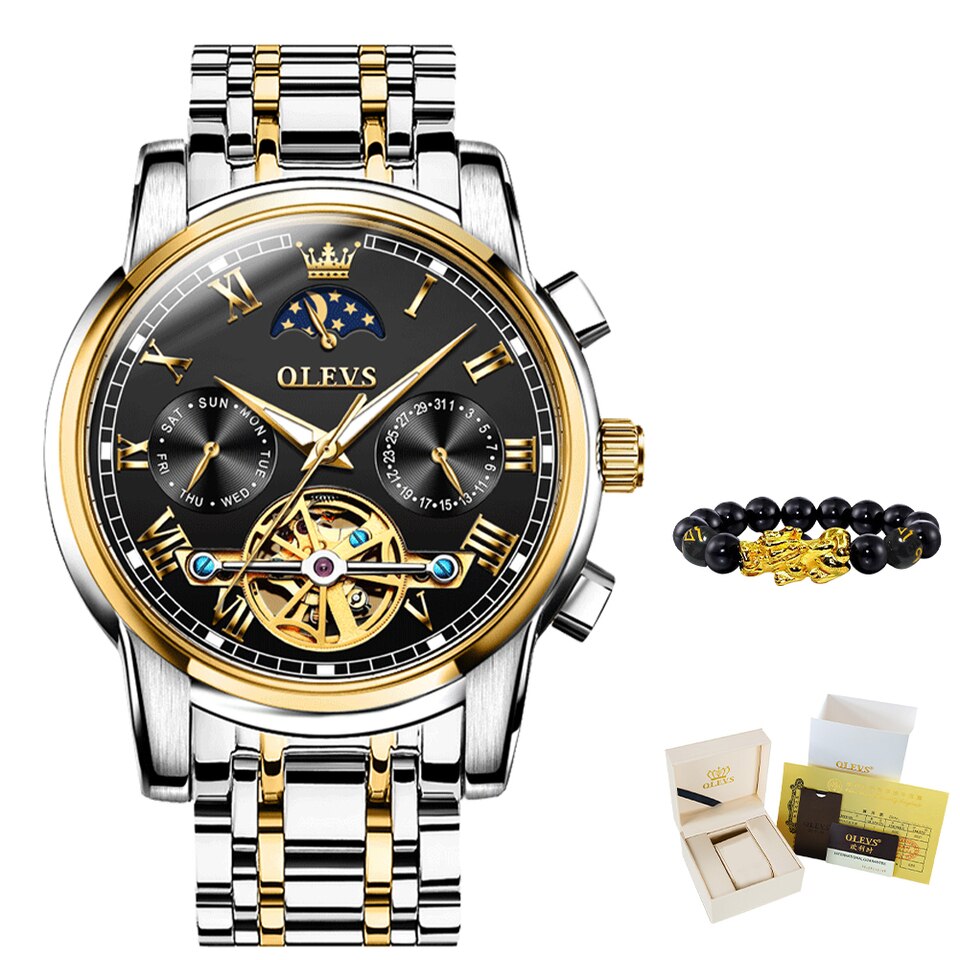 New Men OLEVS Mechanical Dress Watch Top Brand Men Watch Automatic Dress Luxury Moon Light Phase Tour Billon Wristwatch Gifts for Male