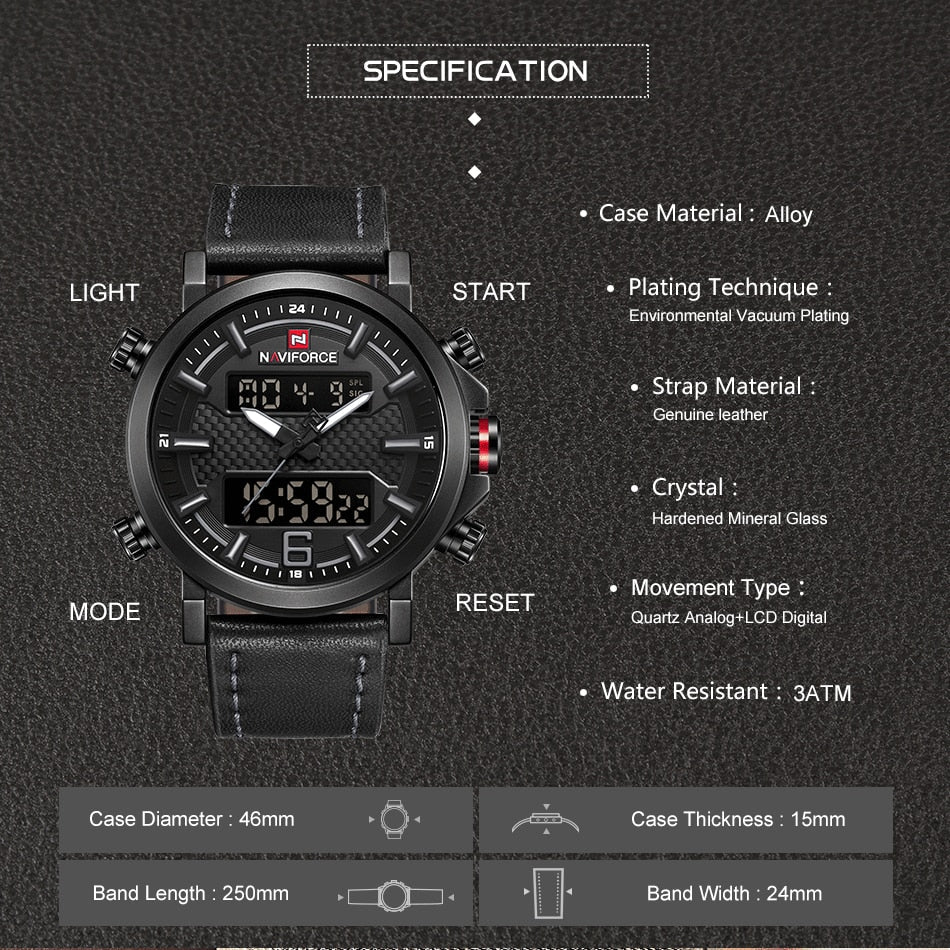 Men Sports Watches Men Quartz LED Digital Clock Top Brand Luxury Male Fashion Leather Waterproof Military Wrist Watch
